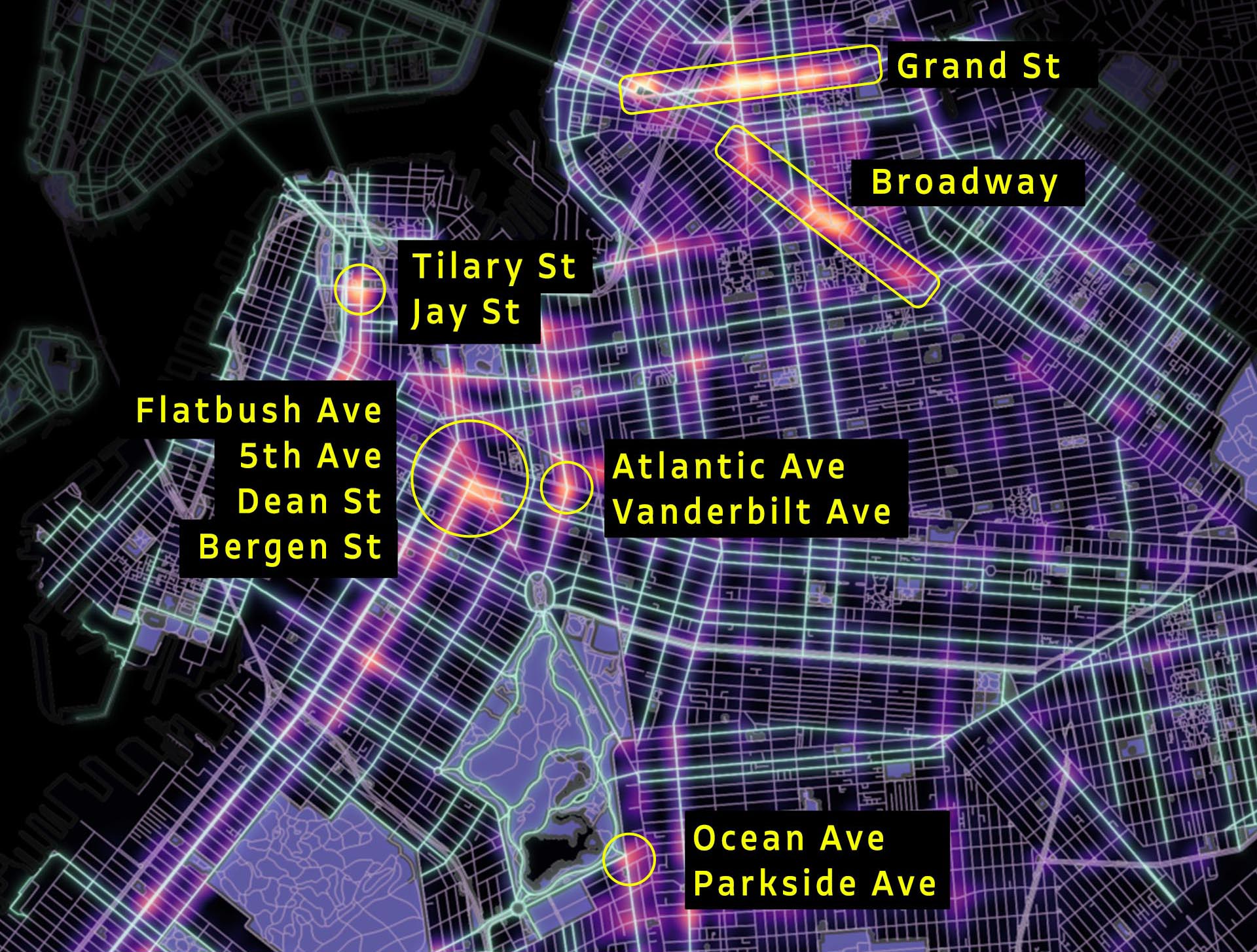 Map of crashes in Brooklyn with labels