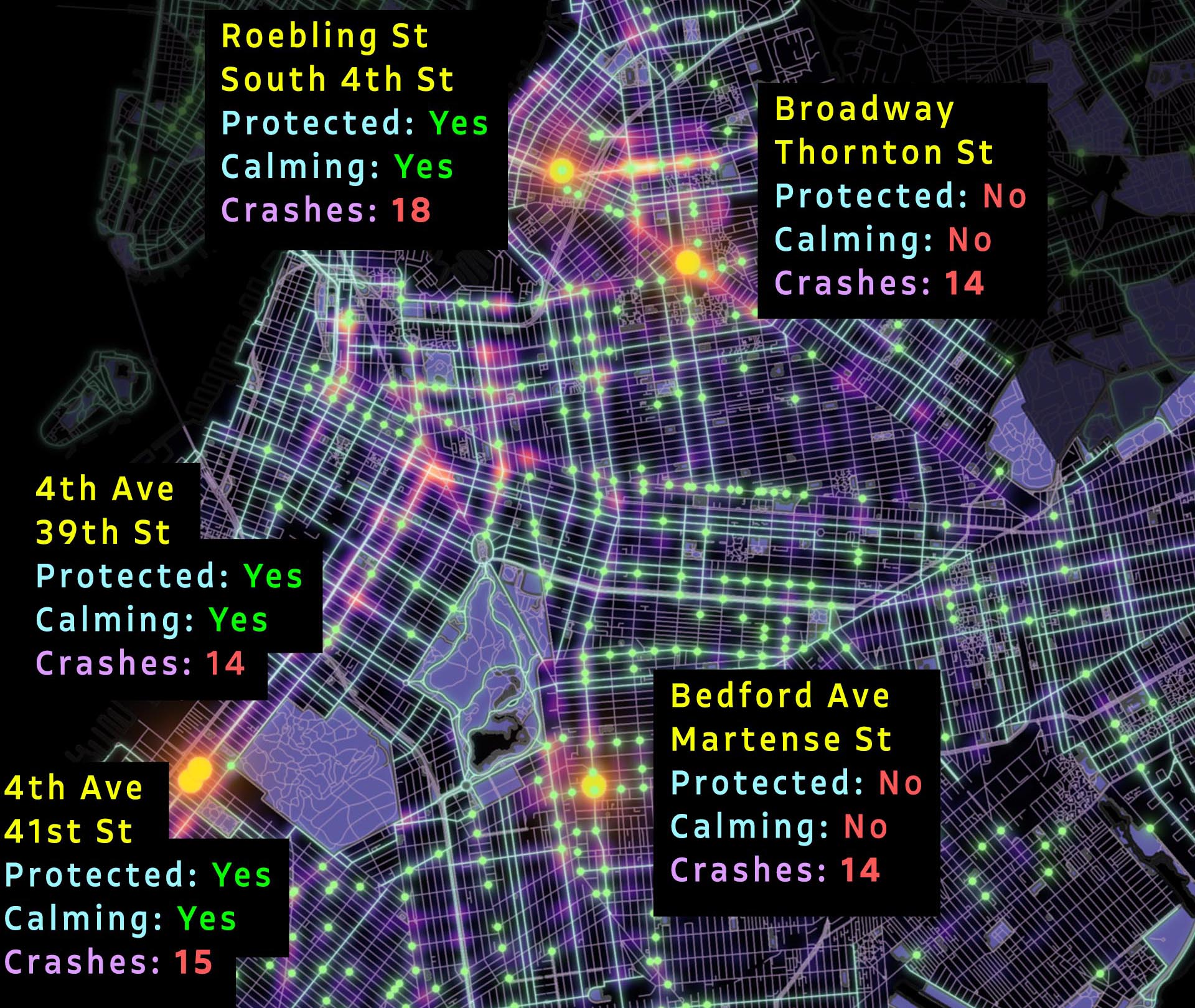 Map of 5 most dangerous intersections for cyclists in Brooklyn, labeled with stats